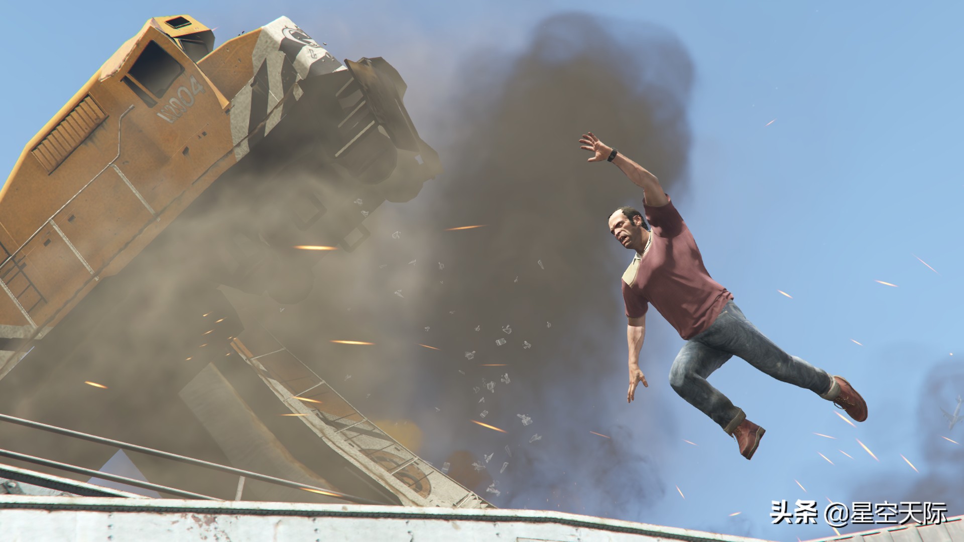 GTA5：任務讓崔佛開摩托車衝上火車，任務有點難，小星失敗好幾次